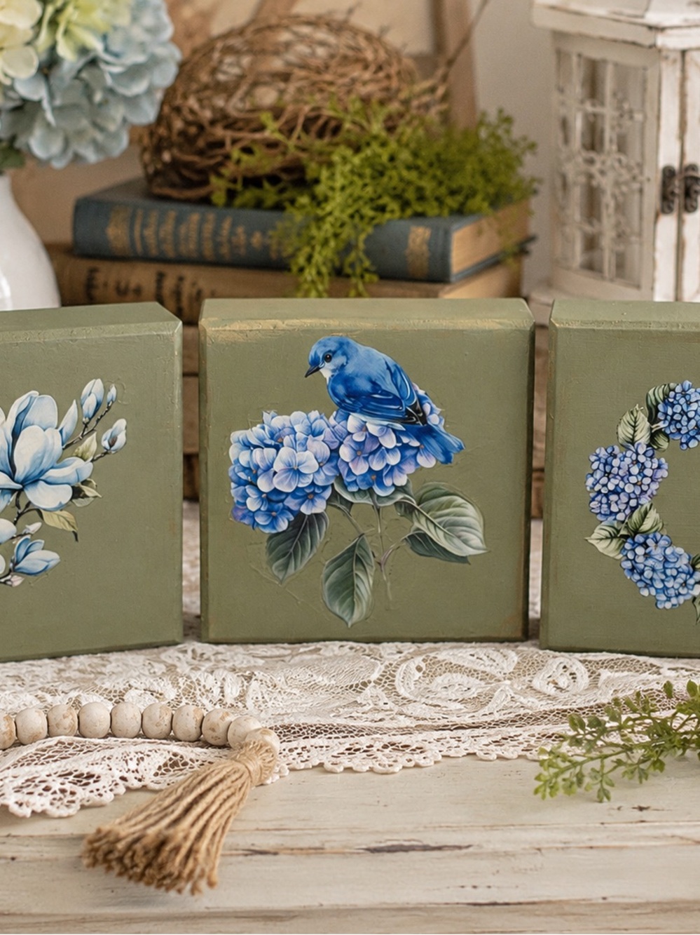 Hydrangea Bluebird Cottagecore Wood Block Shelf Sitter Set